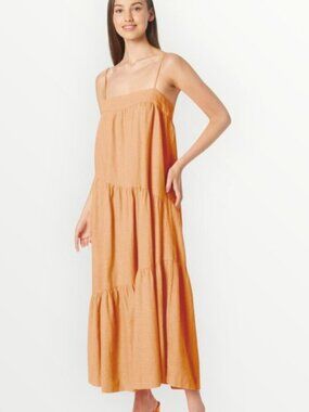 Abercrombie Relaxed Linen Blend Asymmetrical Tiered Maxi Dress XS Orange Boho